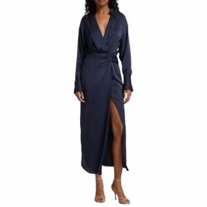 House of Harlow Satin Wrap Tie Navy Maxi Dress French Cuffs Rhinestone Sz XS NWT